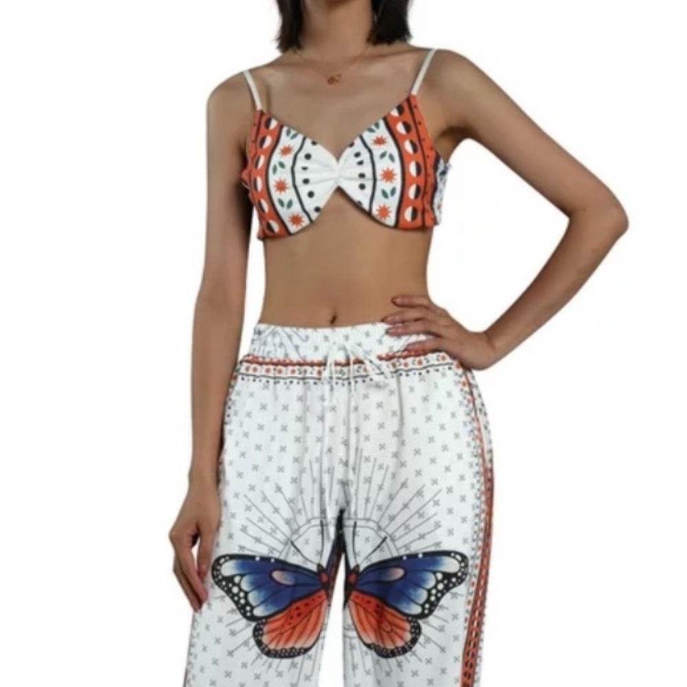 WHITE / ORANGE / PURPLE BOHO BANDEAU SUMMER TANK TOP WITH BUTTERFLIES SIZE SMALL
